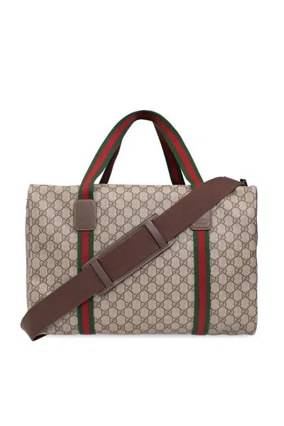 Gucci Medium Duffle Bag With Web Detail In Beige And Ebony Gg Fabric In Brown