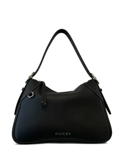 Gucci Medium Gg Emblem Buckle-detail Leather Shoulder Bag In Black