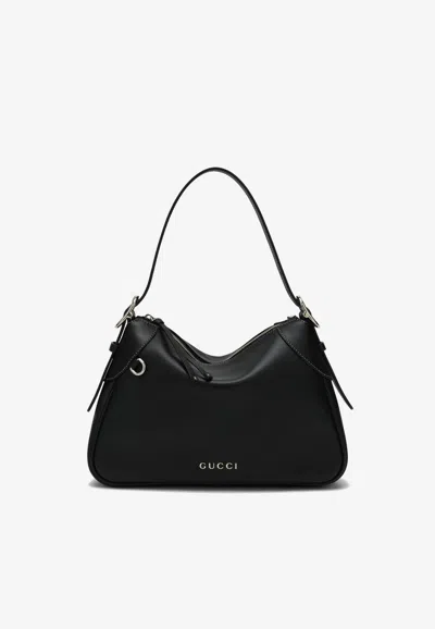 Gucci Medium Gg Logo Leather Shoulder Bag In Black
