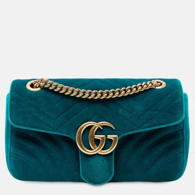Pre-owned Gucci Medium Gg Marmont Matelasse Velvet Shoulder Bag In Blue