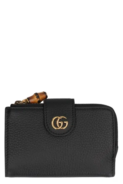 Gucci Medium Grained Leather Wallet With Bamboo Detail In Black