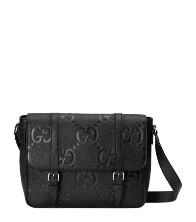 Gucci Jumbo Gg 中号皮质邮差包 In Black