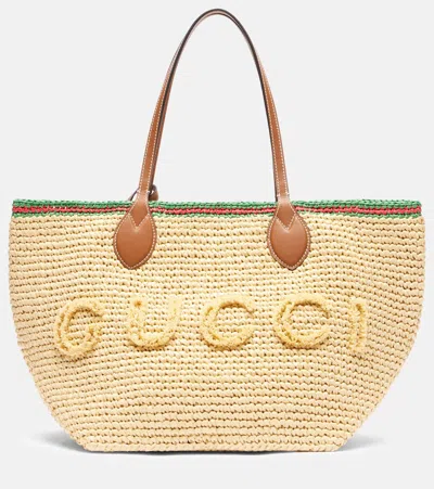 Gucci Medium Leather-trimmed Woven Tote Bag In Sand