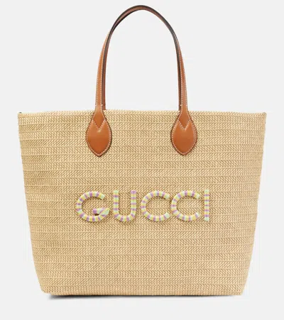 Gucci Medium Logo Leather-trimmed Tote Bag In Brown