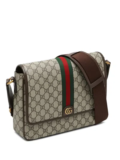 Gucci Shoulder Bag With Web Detail In Beige And Ebony Gg Fabric Men In Brown