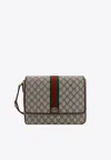 Gucci Ophidia Gg Supreme Fabric And Leather Shoulder Strap With Iconic Web Band