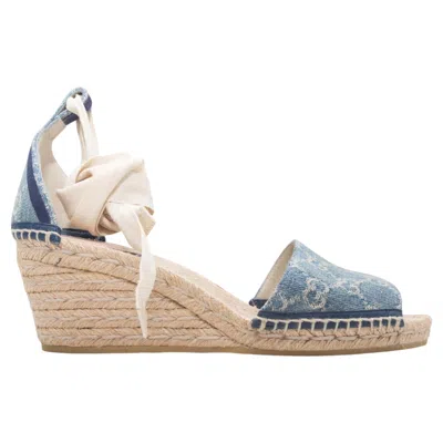 Pre-owned Gucci Medium Wash & Cream  Gg Denim Espadrille Wedge Sandals Size 38.5 In White
