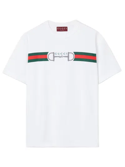 Gucci Medium Weight Cotton Jersey Tee With Web Print And Horsebit Embroidery In Multi