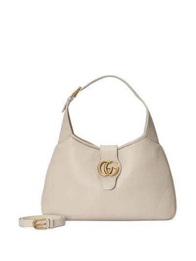 Gucci Medium White Grained Leather Handbag With Gold-tone Double G Logo And Adjustable Handles For Women