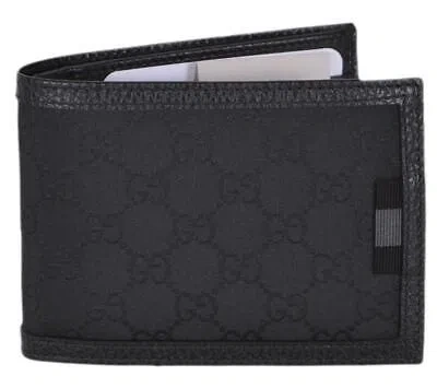Pre-owned Gucci Men's 278596 Black Canvas Web Tab Gg Ssima Bifold Wallet
