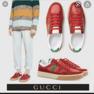 Pre-owned Gucci Men's 494761 Red Leather Low Top Sneaker Size 6.5, 5.5