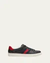 Gucci Men's Ace Leather Web Low-top Sneakers In Black