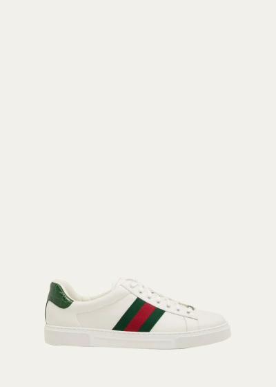 Gucci Men's Ace Leather Web Low-top Sneakers In White