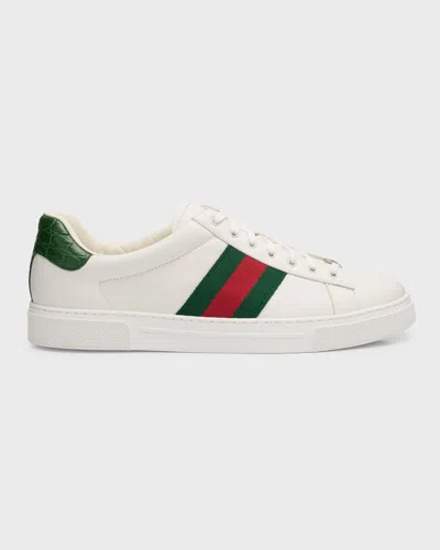 Gucci Ace Leather Sneakers With Lateral Web Band In White