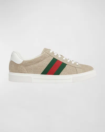 GUCCI MEN'S ACE SUEDE MONOGRAM LOW-TOP SNEAKERS