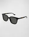 Gucci Men's Running Web Square Sunglasses In Shiny Solid Black