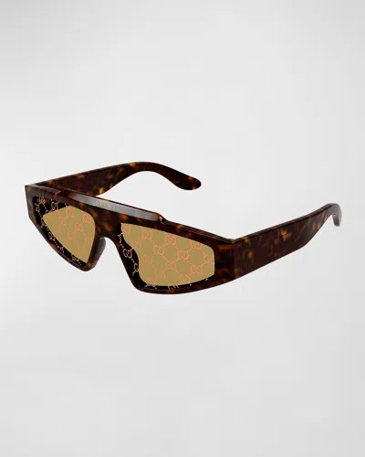 Gucci Men's Acetate Rectangle Sunglasses With Gg Lens In Brown