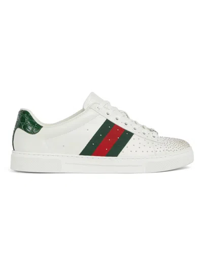 Gucci Web Leather Lace-up Sneaker With Ace Metal Tag And 30mm Height In Multi