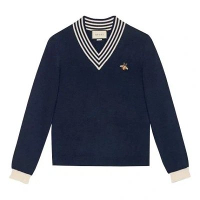 Gucci Men's Bee Pattern V-neck Wool Sweater Blue
