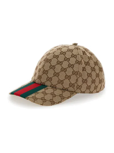 Gucci Men Beige And Ebony Baseball Cap With Web Detail In Gg Supreme Canvas Man In Brown
