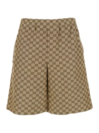 Gucci Men Beige Bermuda Shorts With Elastic Waist And All-over Gg Motif In Linen Blend Man In Brown
