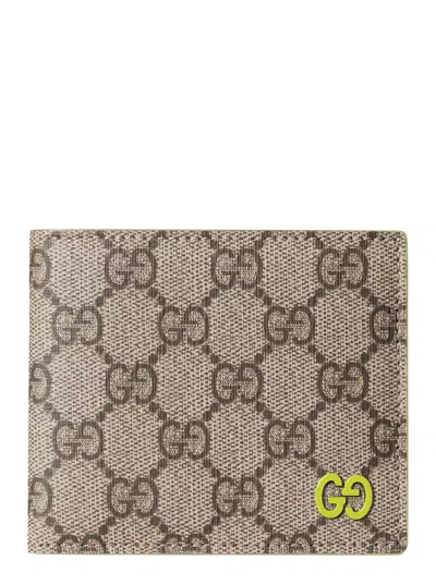 Gucci Men Beige Bi-fold Wallet With Double G Logo Plaque On The Front In Gg Canvas Man