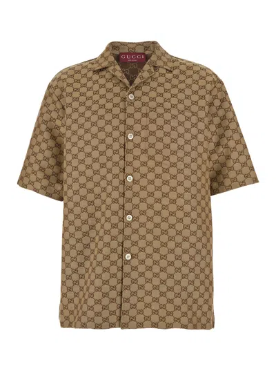 Gucci Men Beige Bowling Shirt With All-over Gg Motif In Linen Man In Multi