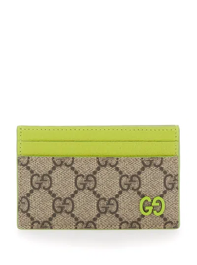 Gucci Men Beige Card Holder With Leather Finishes And All-over Gg Motif In Gg Canvas Man