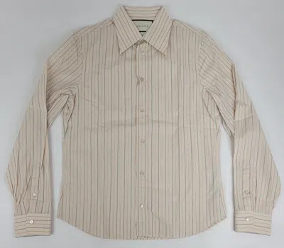 Pre-owned Gucci Men's Beige Cotton Button Down Stripes Dress Shirt 618921 9501