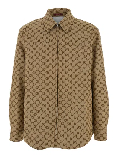 GUCCI GUCCI MEN BEIGE JACKET WITH CLASSIC COLLAR AND FRONT ZIP CLOSURE IN GG CANVAS MAN
