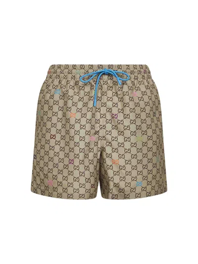 Gucci Men Beige Printed Technical Poplin Swim Shorts In Multi