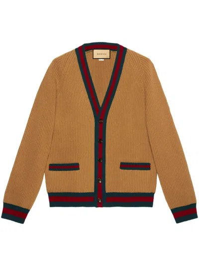 Gucci Men's Beige Wool Knit Cardigan With Web Detail And Front Pockets For Ss24 In Tan