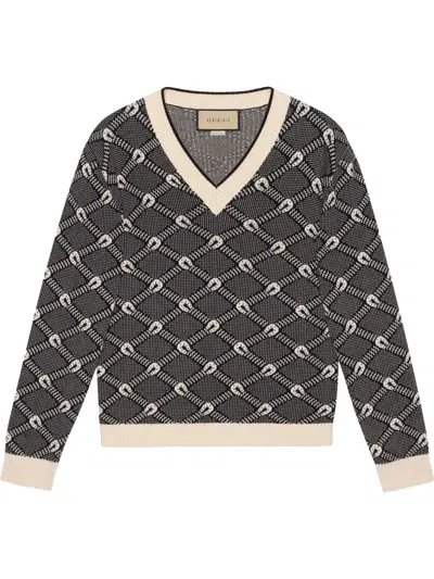 Gucci Men's Black And Ivory Knit V-neck For Fw22