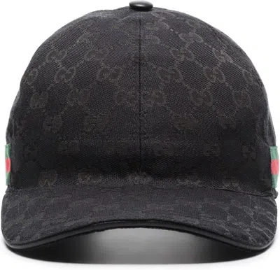 Gucci Men's Black Baseball Cap With Green And Red Web And Leather Trims