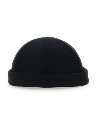 Gucci Men Black Beanie With Logo Lettering And Rear Closure With Web Detail In Wool Man