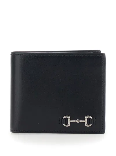 Gucci Men Black Bi-fold Wallet With Horsebit On The Front And Embossed Logo On The Inside In Leather