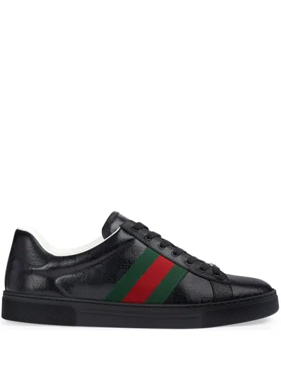 GUCCI MEN'S BLACK CANVAS SNEAKERS WITH GG-CRYSTAL DETAILING AND WEB ACCENTS