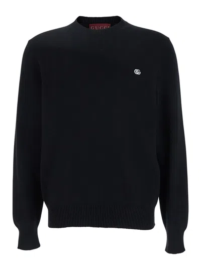 Gucci Men Black Crewneck Sweater With Gg Logo Embroidered On The Front In Wool And Cashmere Blend Ma