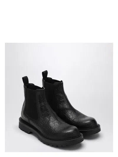GUCCI MEN'S BLACK LEATHER ANKLE BOOT WITH WEB DETAIL