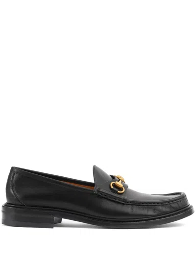 Gucci Men's Black Leather Horsebit Almond-toe Loafers For Ss24