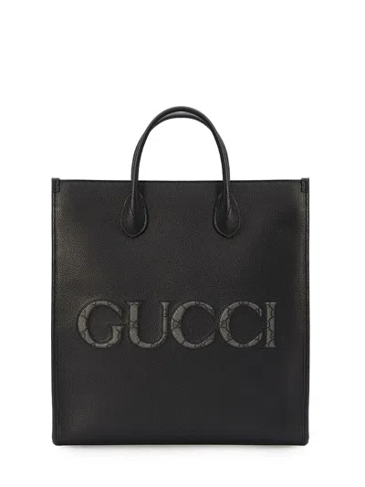 Gucci Men's Black Leather Shopping Handbag With Gg Supreme Trim