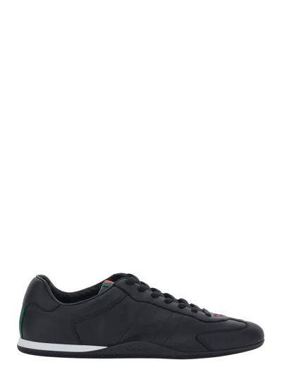 Gucci Men Black Low Top Sneakers With Web Tongue In Leather Man