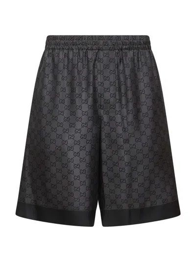GUCCI GUCCI MEN BLACK SILK TWILL PRINTED SHORTS