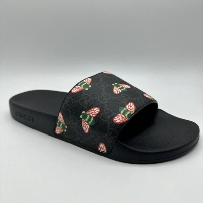 Pre-owned Gucci Men's Black Supreme Gg Canvas Bee Rubber Sole Slide Sandal 681867 1093