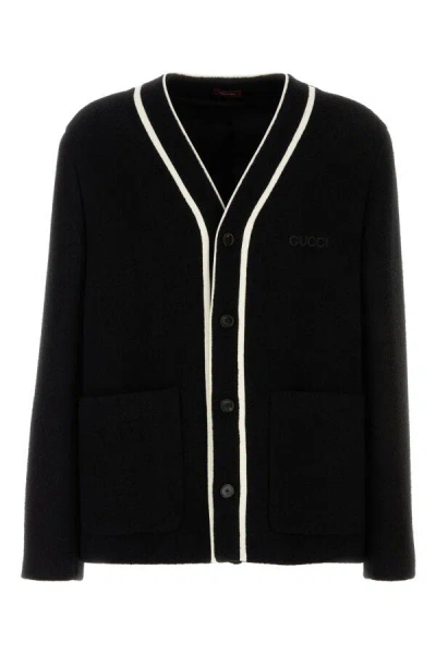 Gucci Wool Blend Cardigan With Contrast Trim And Front Pockets In Black