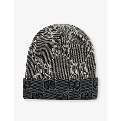 Gucci Men's Black/darkgrey Double G Brand-pattern Wool-knit Beanie Hat