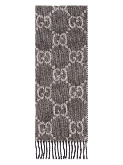 GUCCI MEN'S BLACK/GRAY GG JACQUARD WOOL SCARF | 6766104G200