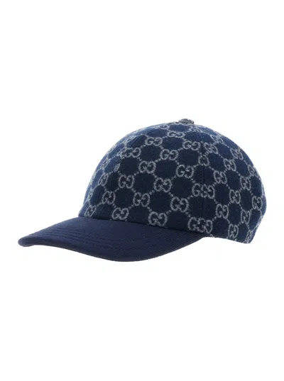 Gucci Men Blue Baseball Cap With Gg Motif In Wool Man In Brown