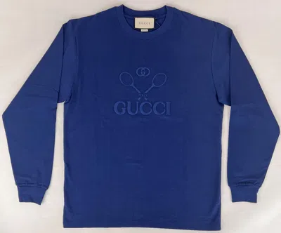 Pre-owned Gucci Men's Blue Cotton Embroidered Tennis Rackets Sweatshirt S 591903 4912