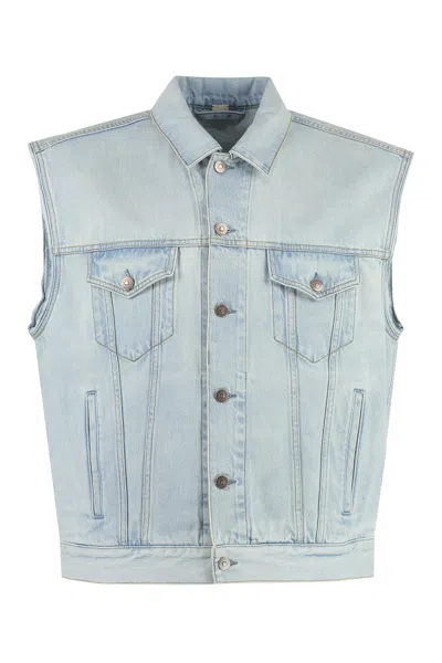 Gucci Men's Blue Denim Vest With Frayed Armholes For Ss23 In Light Blue